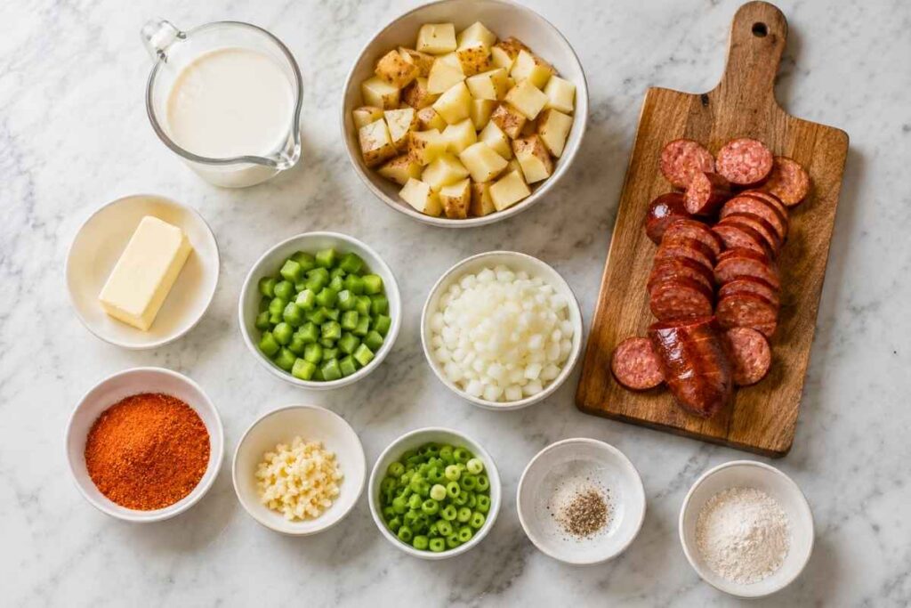 All ingredients for cajun potato soup arranged on a marble countertop