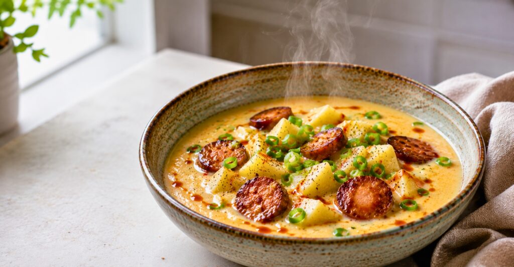 Creamy Cajun Potato Soup — a hearty bowl of cajun potato soup recipe with sausage and green onions