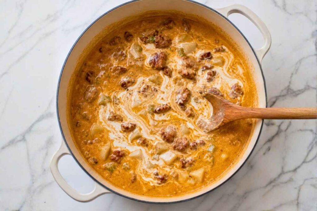 Homemade cajun potato soup served in a white bowl — how to make cajun potato soup