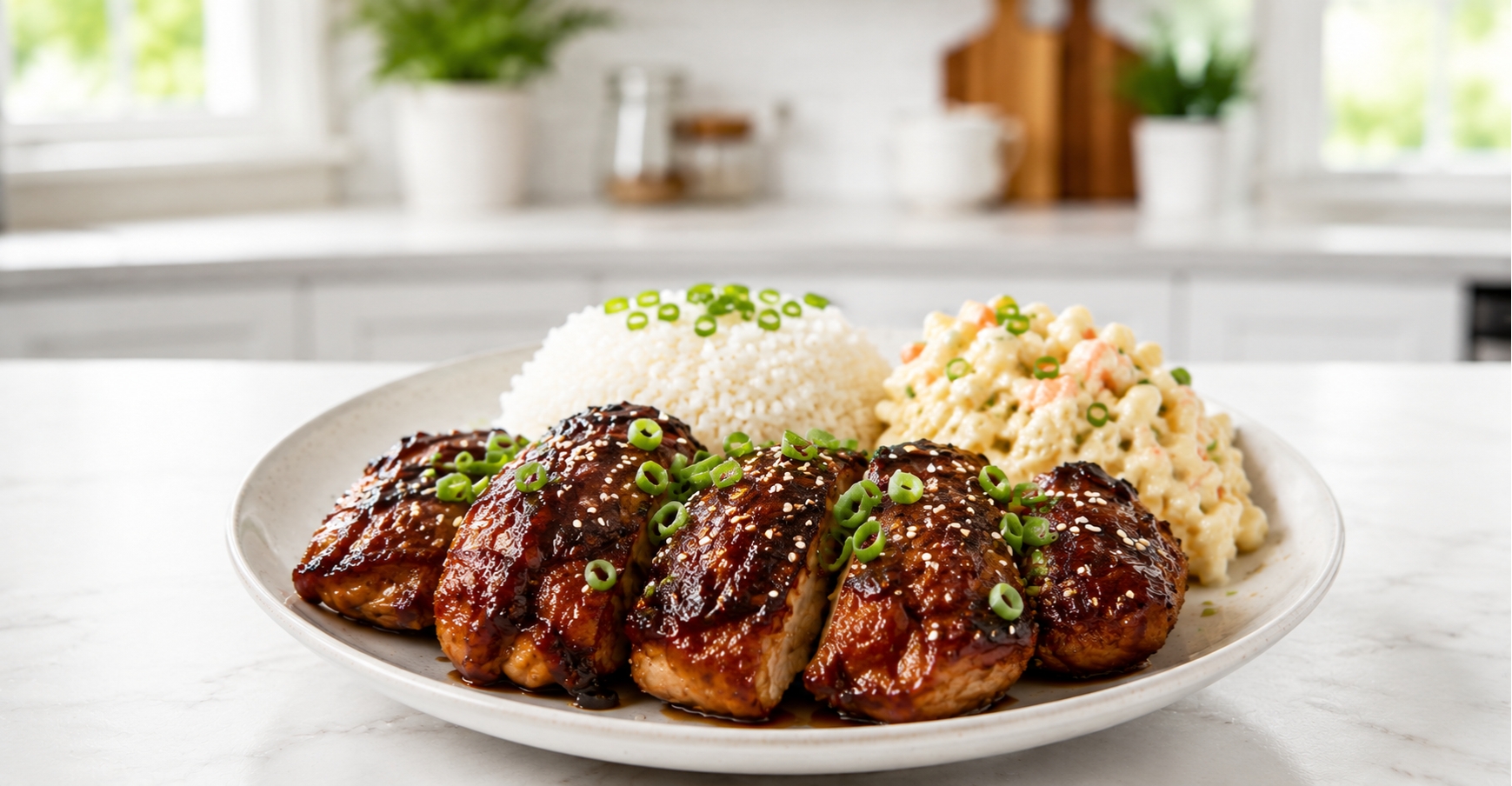 Molokai chicken with a dark sticky soy-honey glaze served with rice and macaroni salad