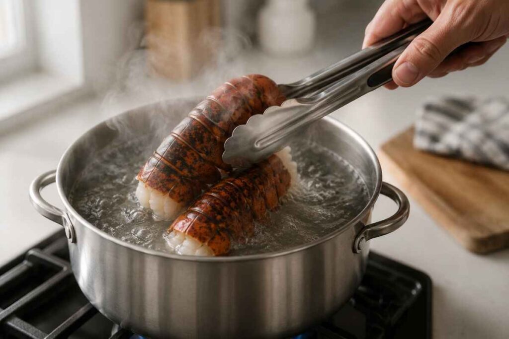 Lobster tails being lowered into boiling water — step 1 of making lobster bisque recipe