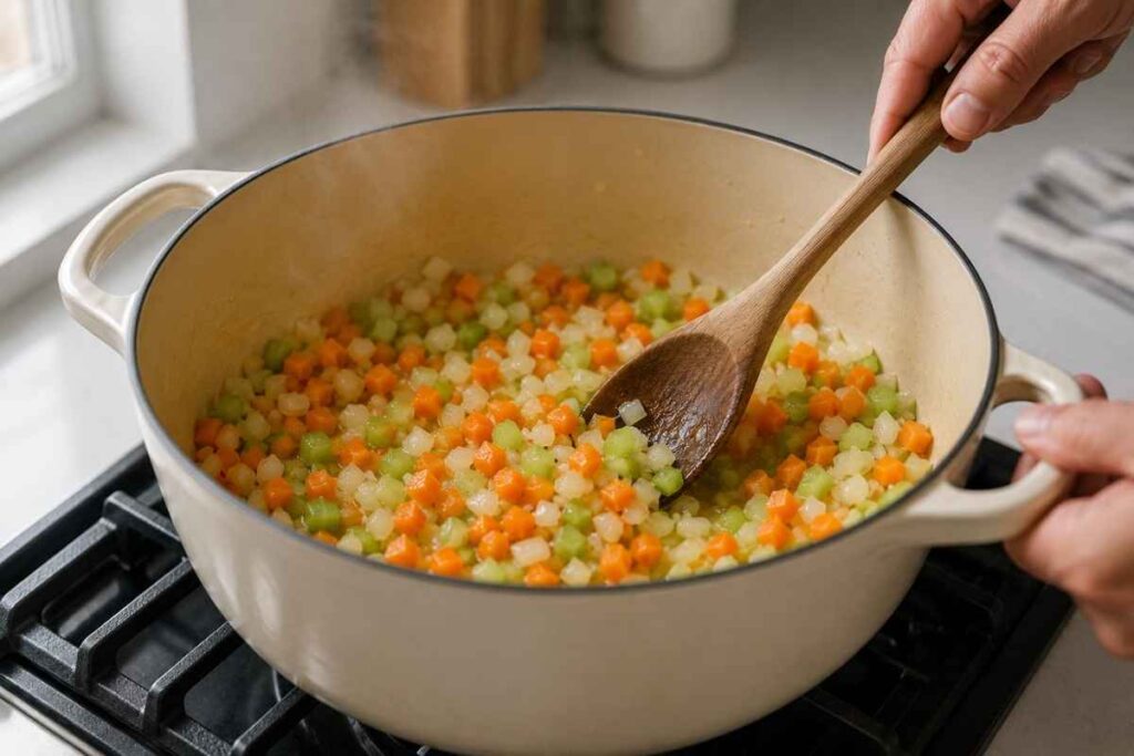 Tomato paste and garlic being stirred into sautéed vegetables — step 4 of making lobster bisque recipe