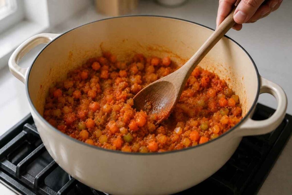 Dry sherry being poured into the Dutch oven to deglaze — step 5 of making lobster bisque recipe