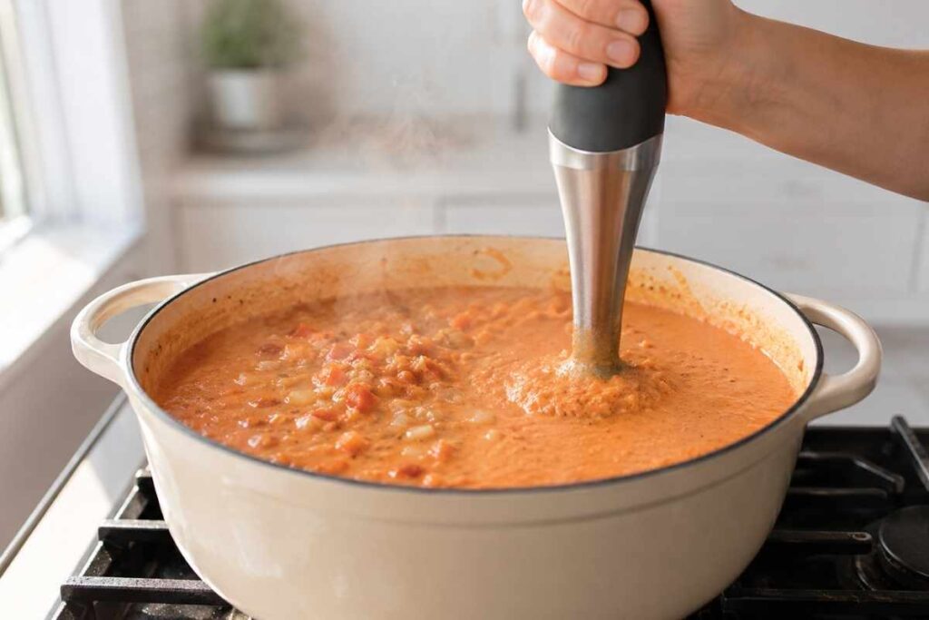 Lobster stock being added to the pot with herbs and spices — step 6 of making lobster bisque recipe