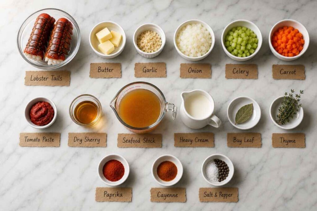 All labeled ingredients for Texas de Brazil Lobster Bisque arranged on a marble countertop with kraft paper labels
