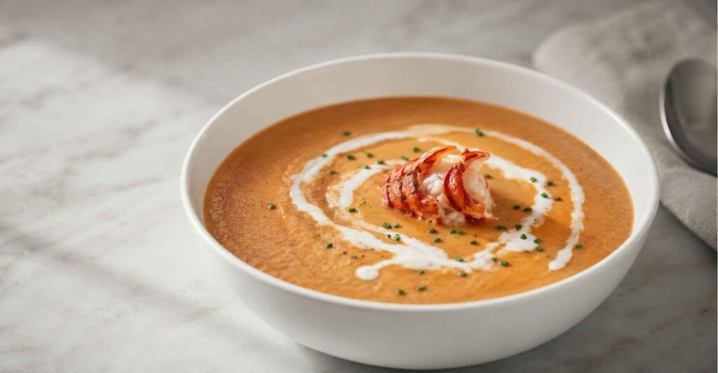 Texas de Brazil Lobster Bisque — creamy coral-orange lobster bisque in a white ceramic bowl with cream swirl and chive garnish