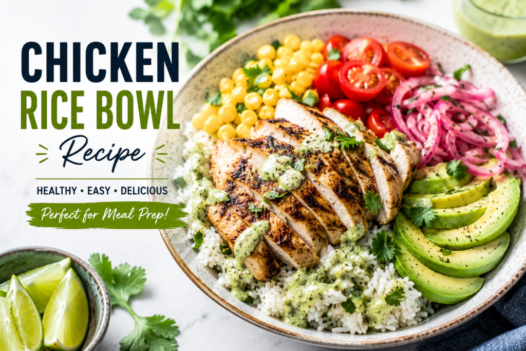 Healthy chicken rice bowl with grilled chicken, rice, avocado, tomatoes and corn.