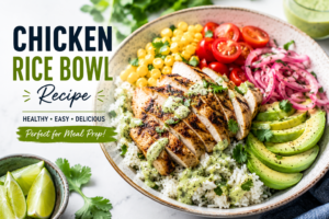 Healthy chicken rice bowl with grilled chicken, rice, avocado, tomatoes and corn.
